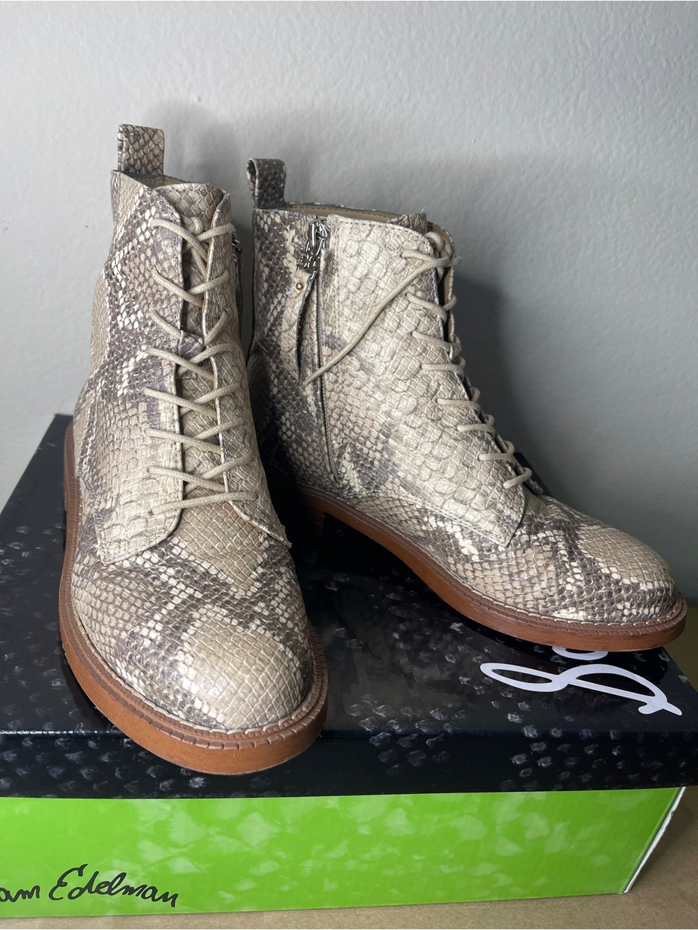 Sam Edelman Beige Snake-Print Lace-Up Ankle Boots